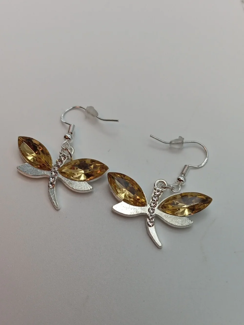 Gold Tone Crystal Dragonfly Pendant Necklace and Earrings Set